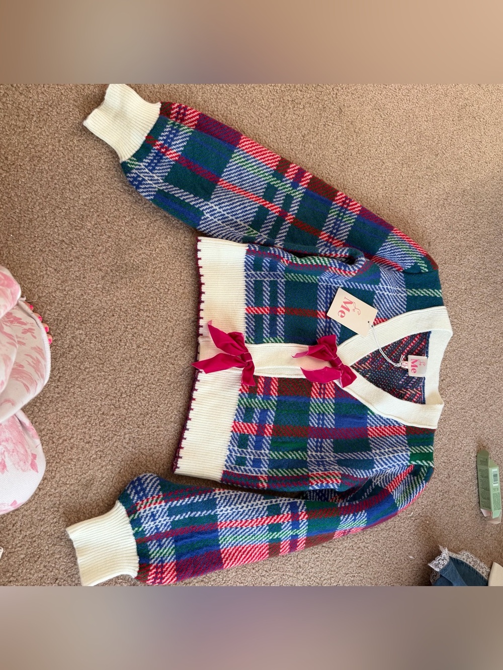 So Me Green Blue Red Plaid V-Neck cardigan Sweater with Pink Bows - Picture 3 of 5